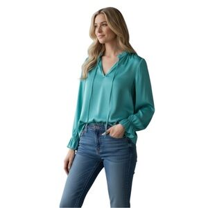 NWT LOFT Teal V-Neck Tie Blouse with Ruffled Cuffs Size XL